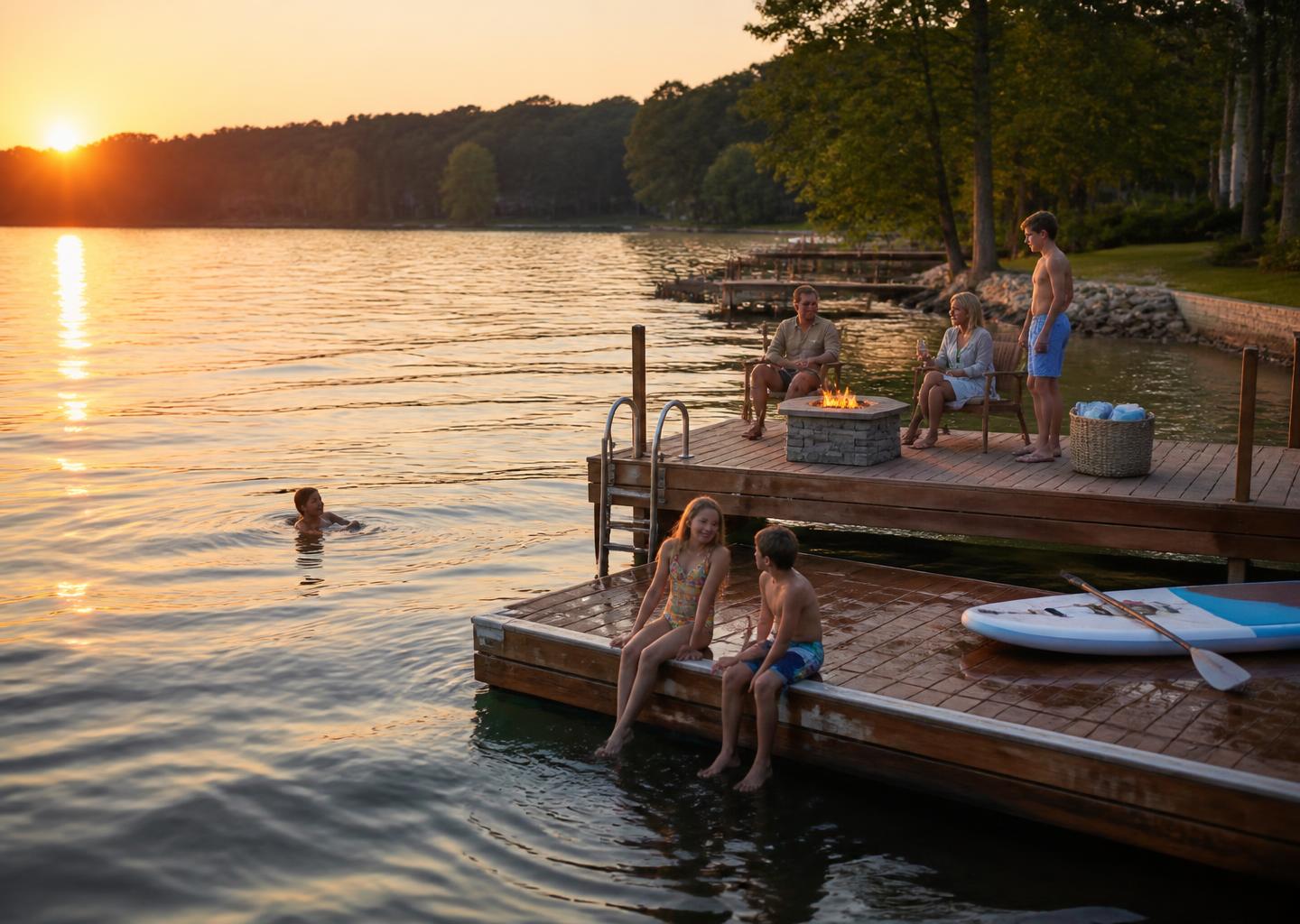 Family enjoying a summer evening on their waterfront dock